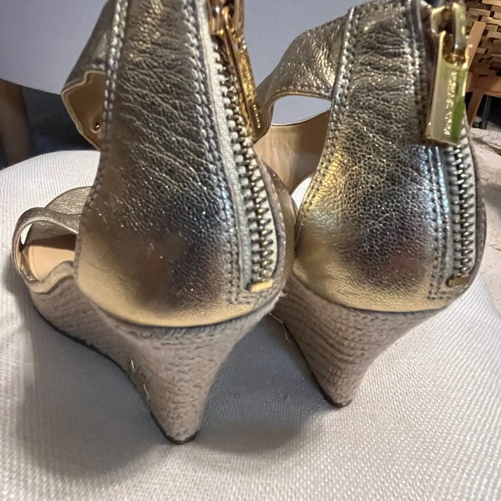 Michael Kors Gold Leather Stiletto Wedge Sandals with Zipper - Picture 5 of 7